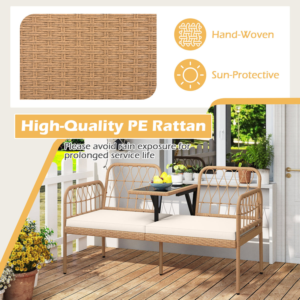2-Seat PE Rattan Outdoor Loveseat with Coffee Table - White
