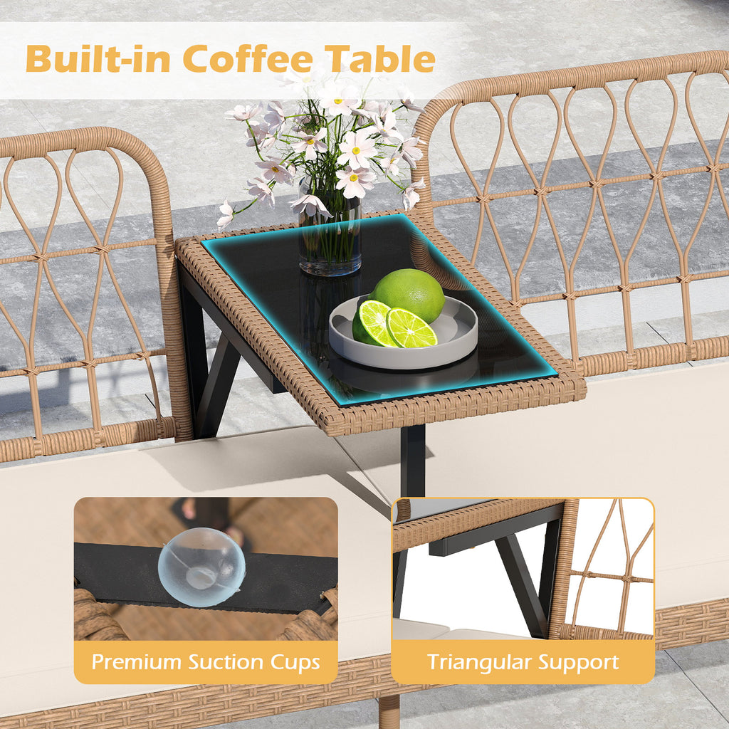 2-Seat PE Rattan Outdoor Loveseat with Coffee Table - White
