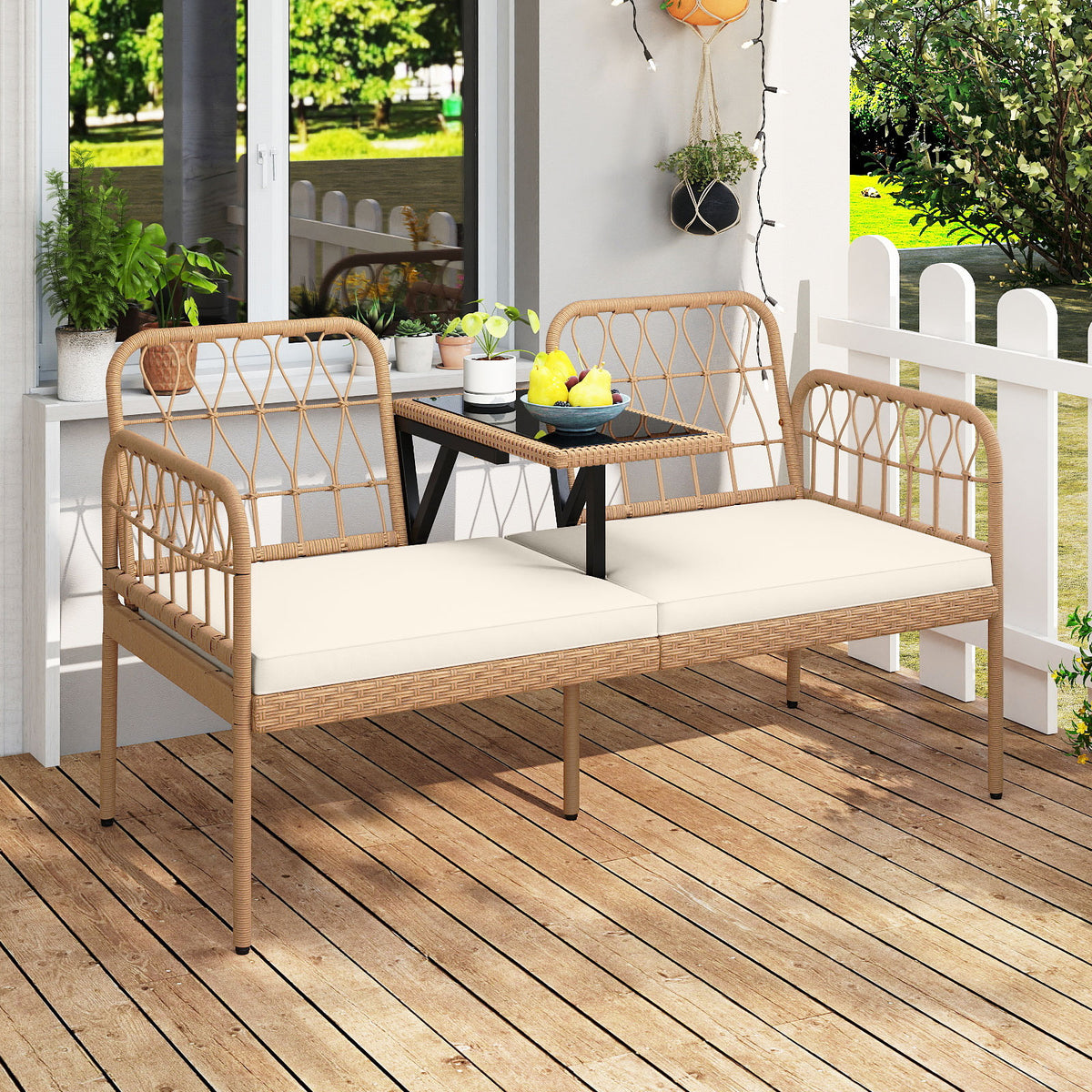 2-Seat PE Rattan Outdoor Loveseat with Coffee Table - White