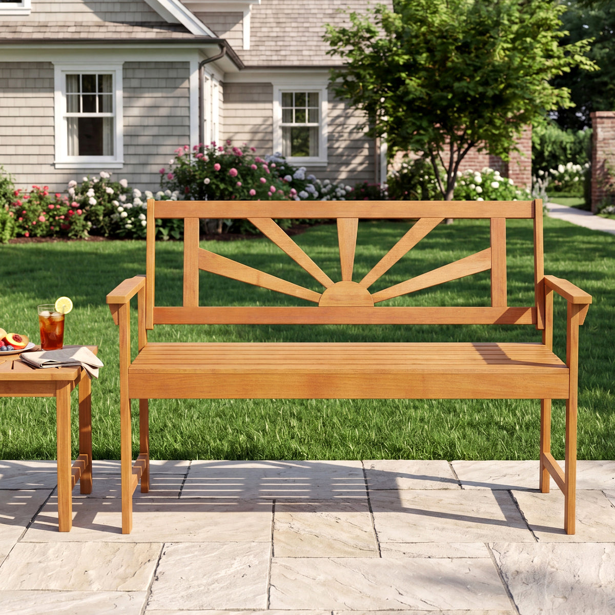 2-Seater Acacia Wood Loveseat Bench with Backrest and Armrests for