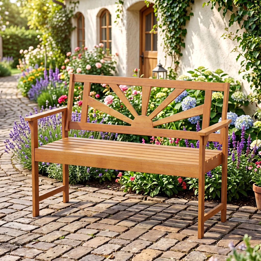 2-Seater Acacia Wood Loveseat Bench with Backrest and Armrests for