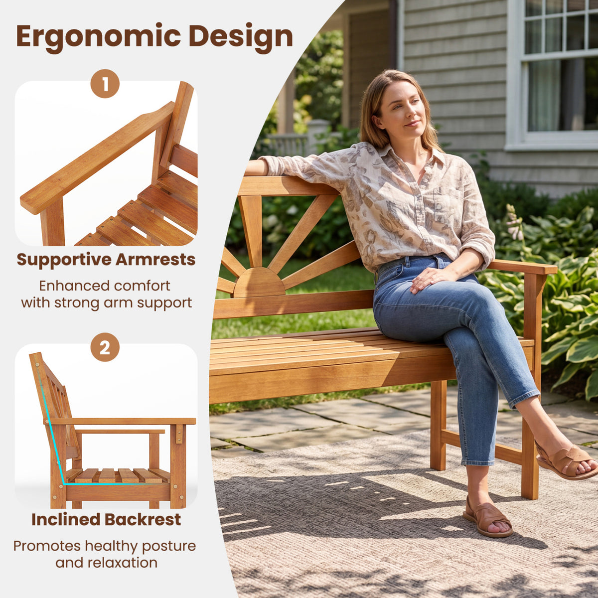 2-Seater Acacia Wood Loveseat Bench with Backrest and Armrests for