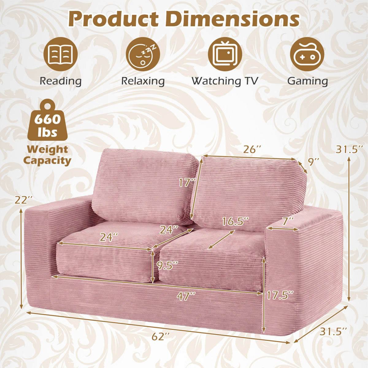 2-Seater Floor Couch Loveseat with Removable Corduroy Cover - Pink