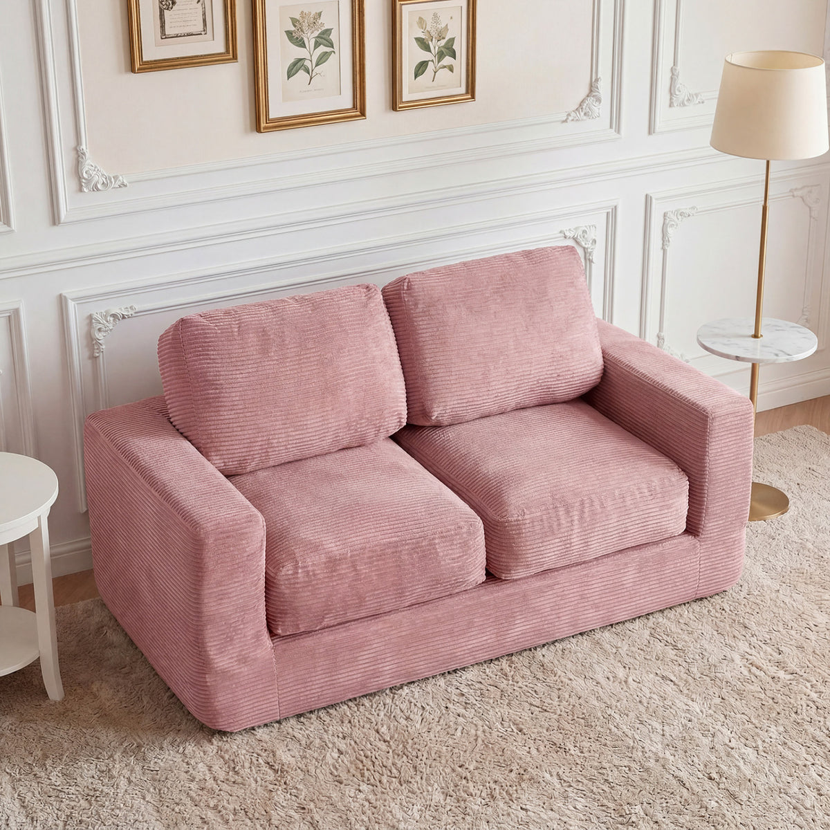 2-Seater Floor Couch Loveseat with Removable Corduroy Cover - Pink