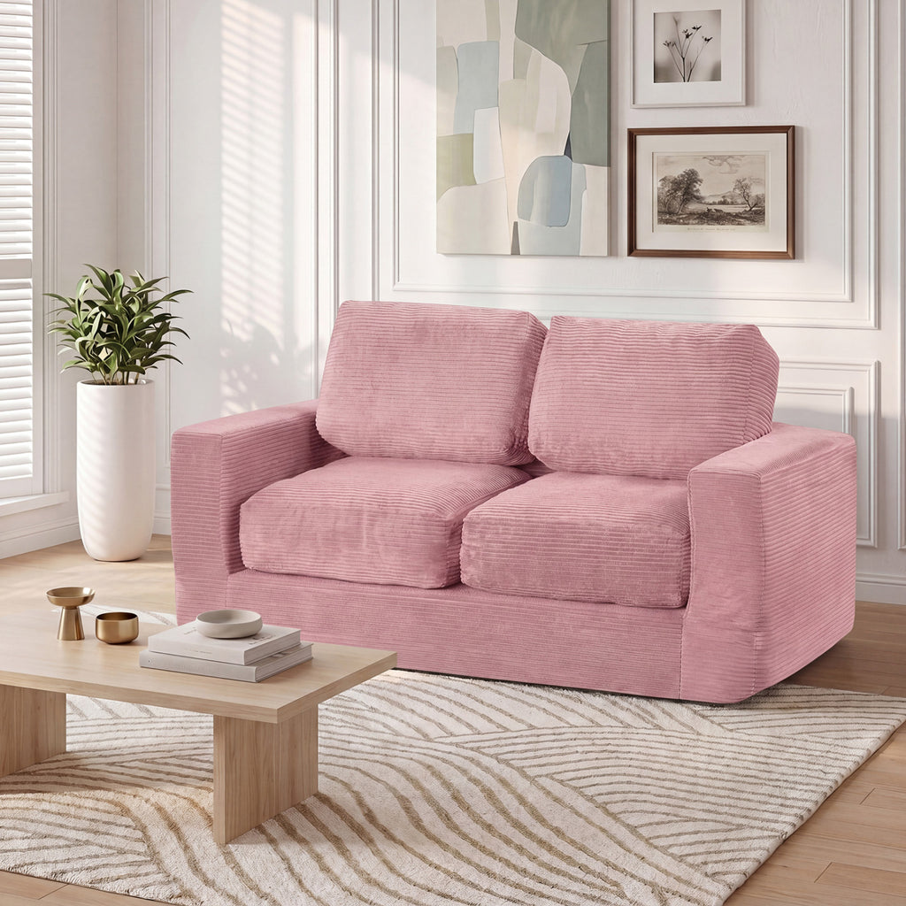 2-Seater Floor Couch Loveseat with Removable Corduroy Cover - Pink