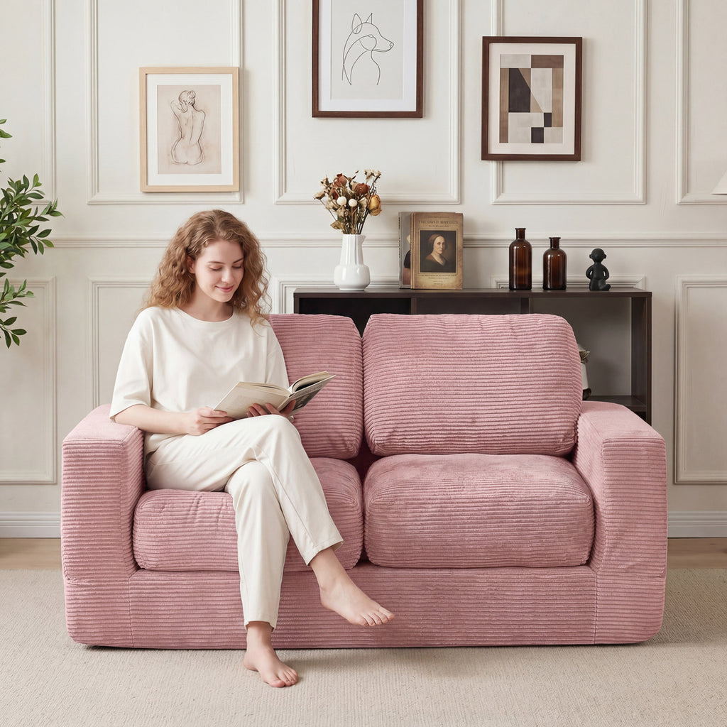 2-Seater Floor Couch Loveseat with Removable Corduroy Cover - Pink