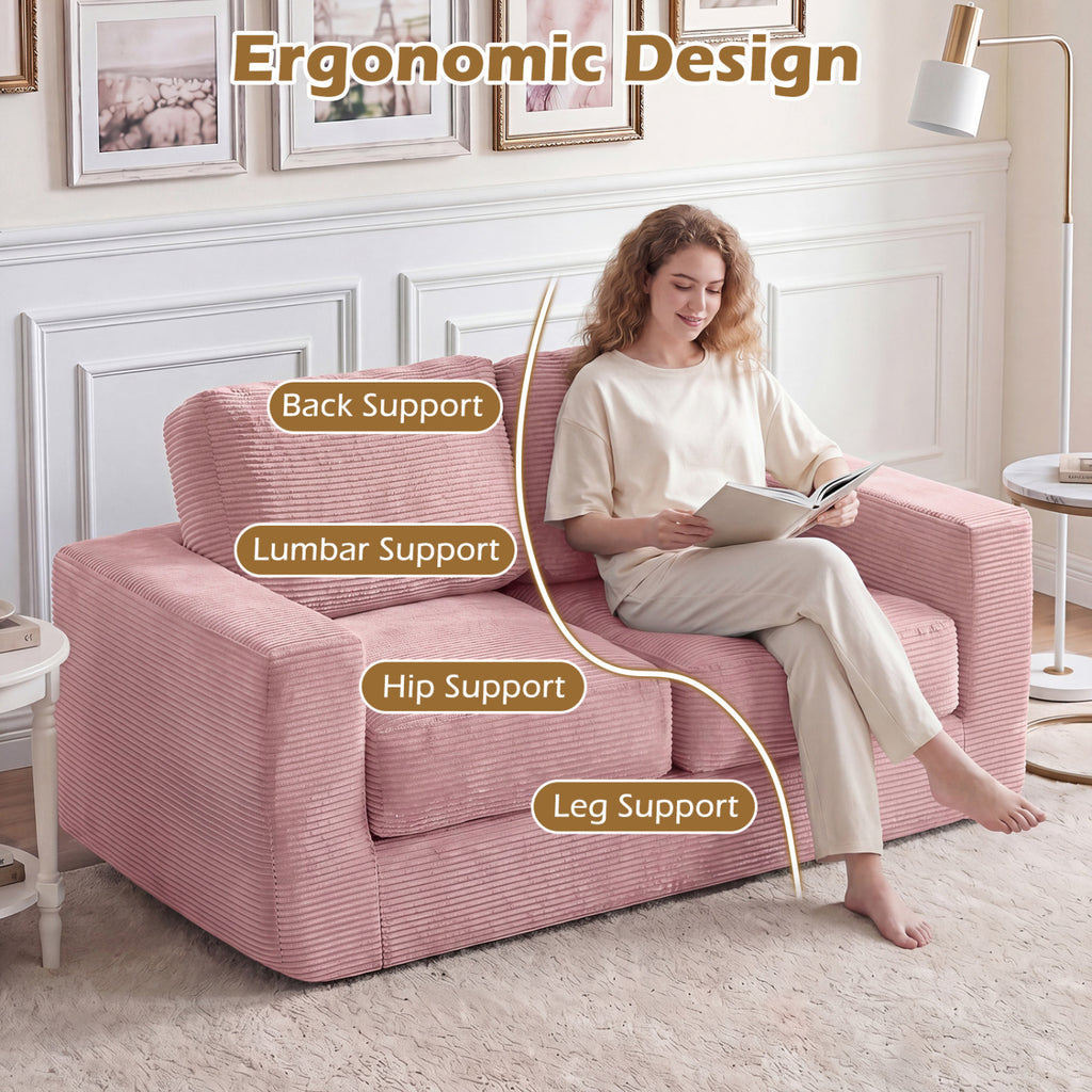 2-Seater Floor Couch Loveseat with Removable Corduroy Cover - Pink