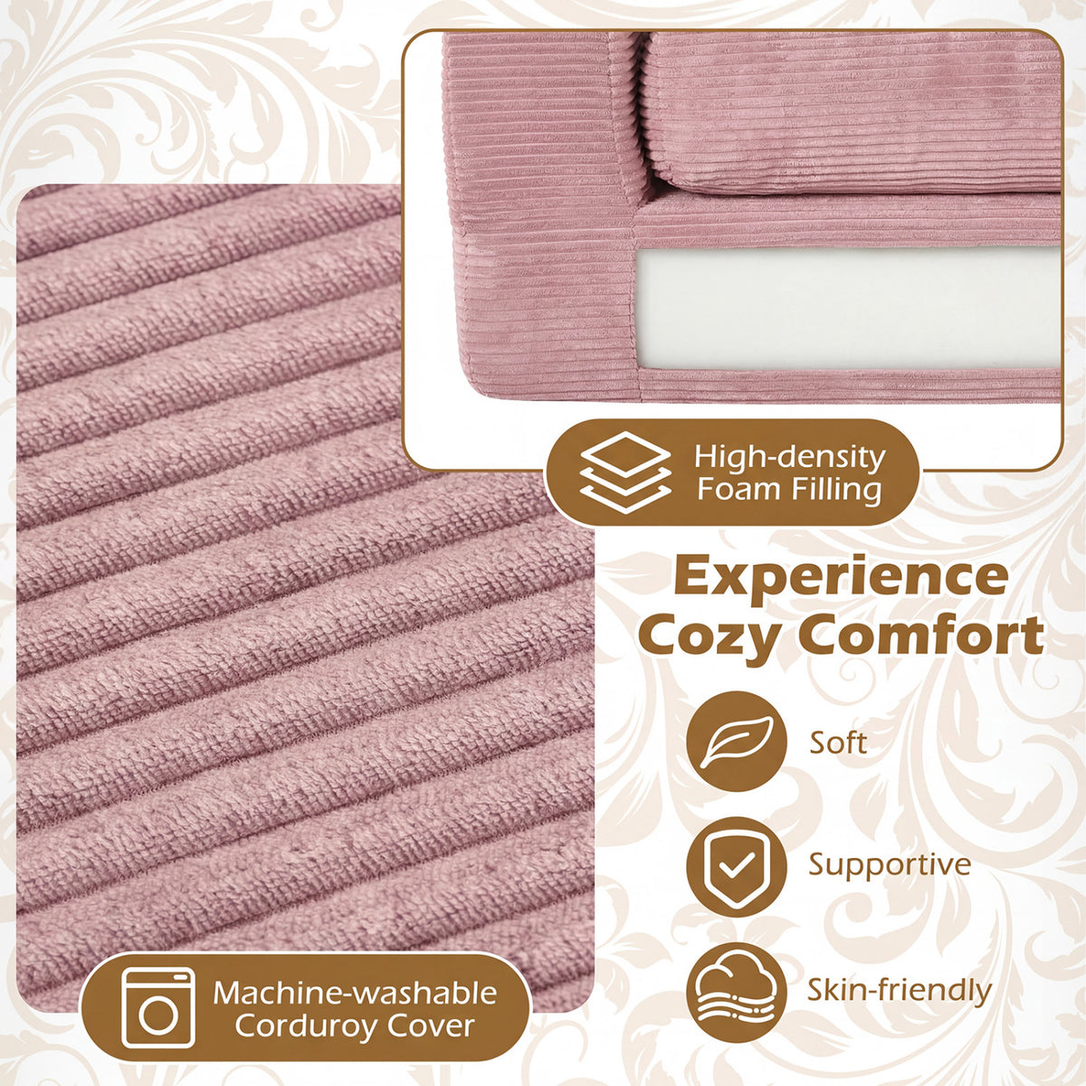 2-Seater Floor Couch Loveseat with Removable Corduroy Cover - Pink