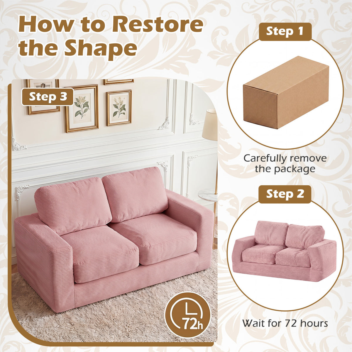 2-Seater Floor Couch Loveseat with Removable Corduroy Cover - Pink