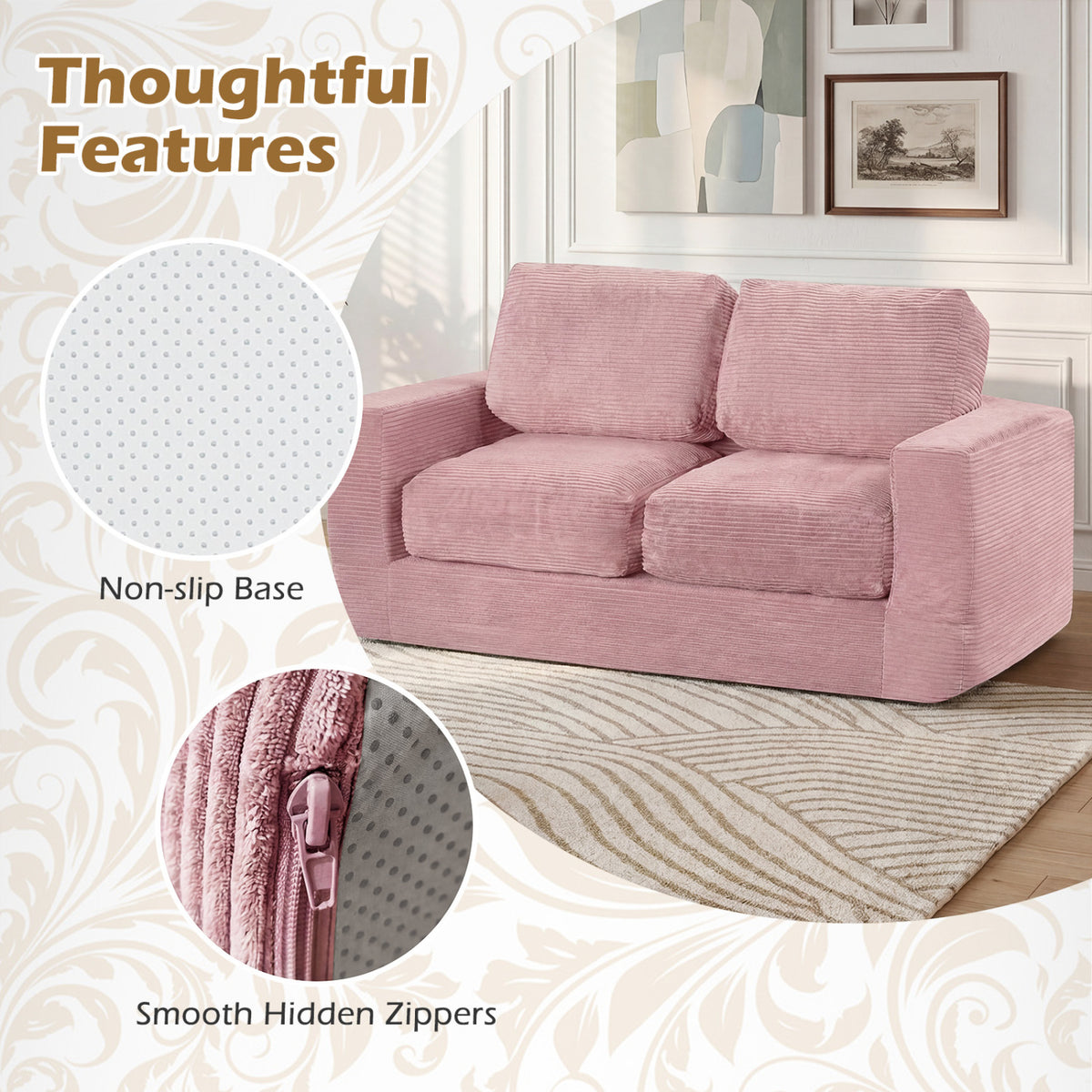 2-Seater Floor Couch Loveseat with Removable Corduroy Cover - Pink