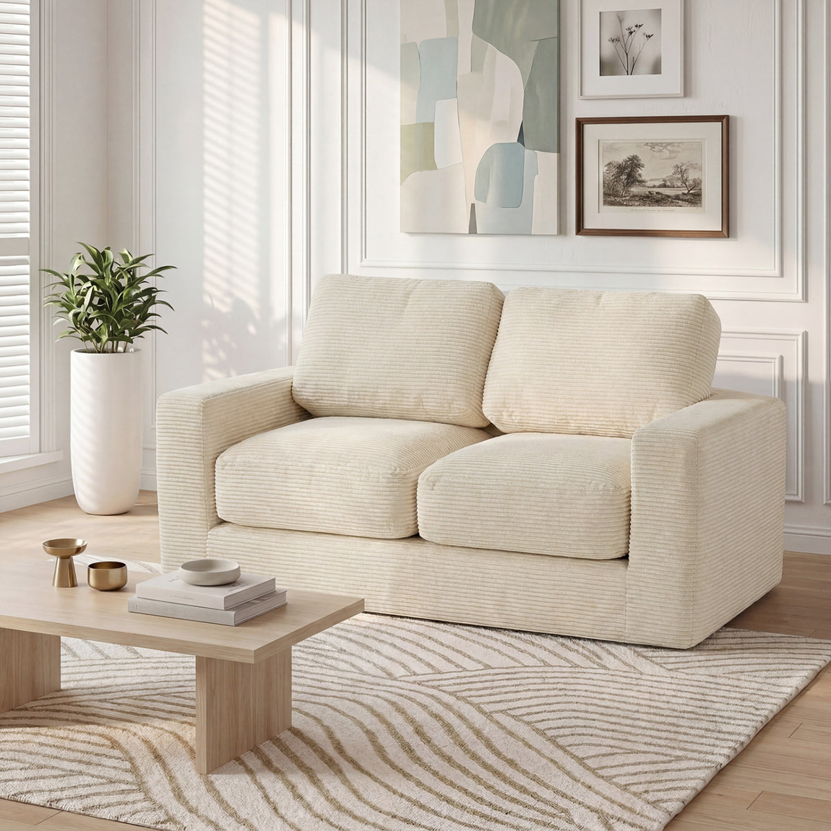 2-Seater Floor Couch Loveseat with Removable Corduroy Cover – Beige
