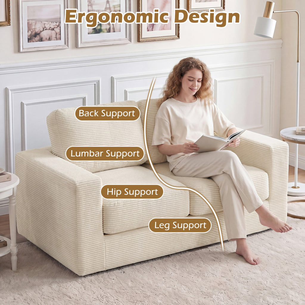 2-Seater Floor Couch Loveseat with Removable Corduroy Cover – Beige