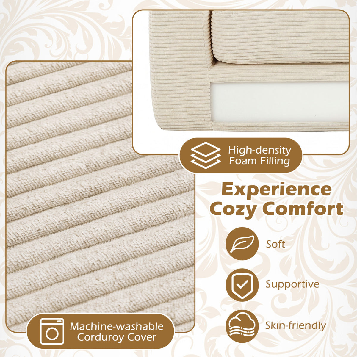 2-Seater Floor Couch Loveseat with Removable Corduroy Cover – Beige
