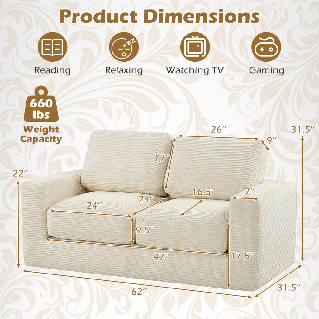 2-Seater Floor Couch Loveseat with Removable Corduroy Cover – Beige