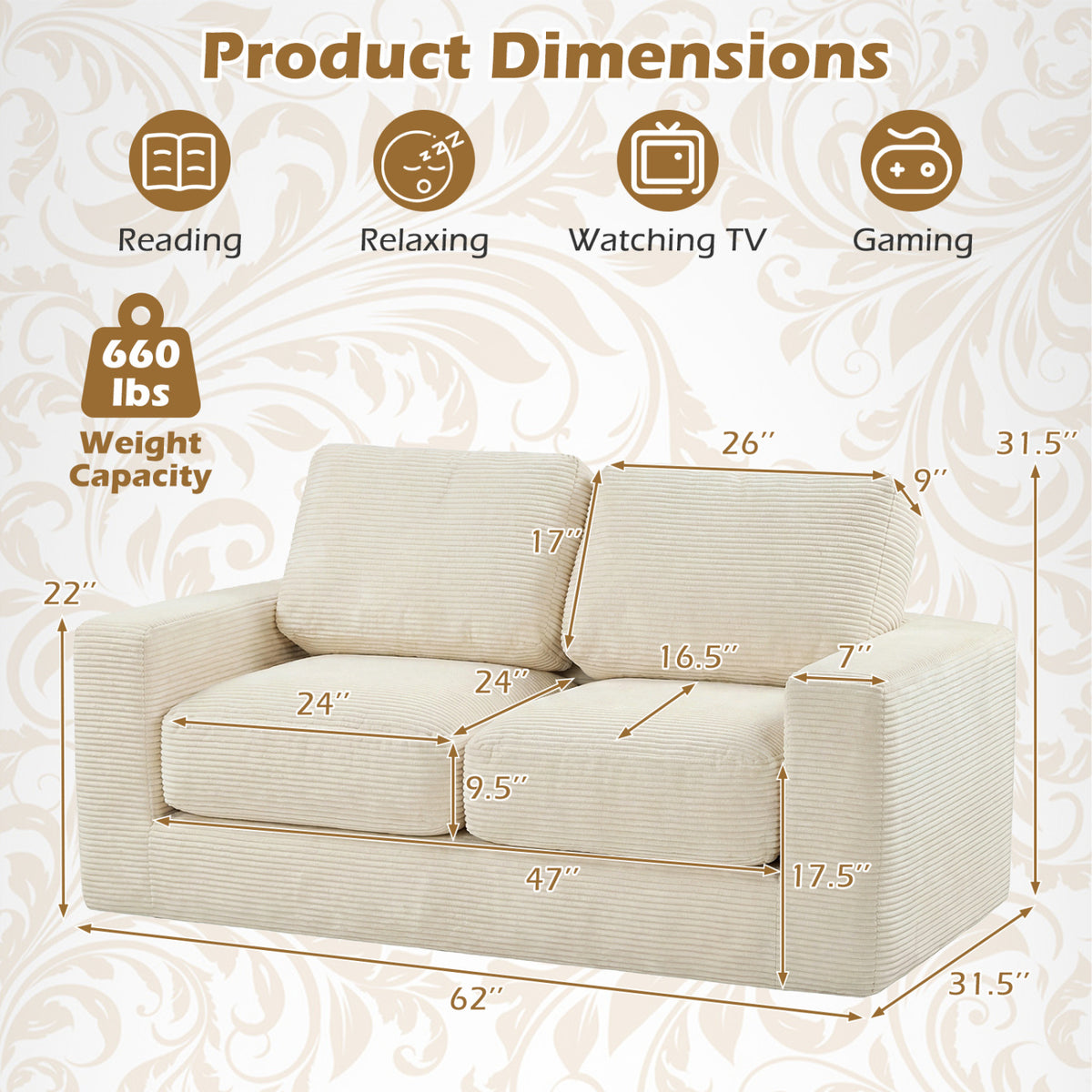 2-Seater Floor Couch Loveseat with Removable Corduroy Cover – Beige
