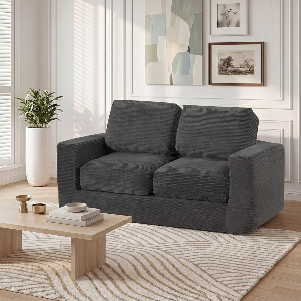 2-Seater Floor Couch Loveseat with Removable Corduroy Cover - Black