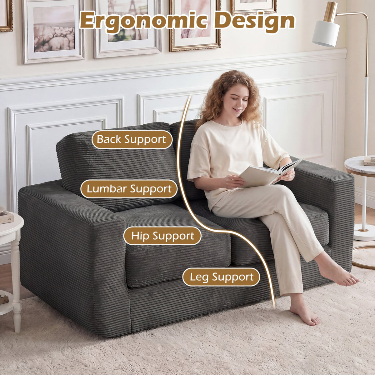 2-Seater Floor Couch Loveseat with Removable Corduroy Cover - Black
