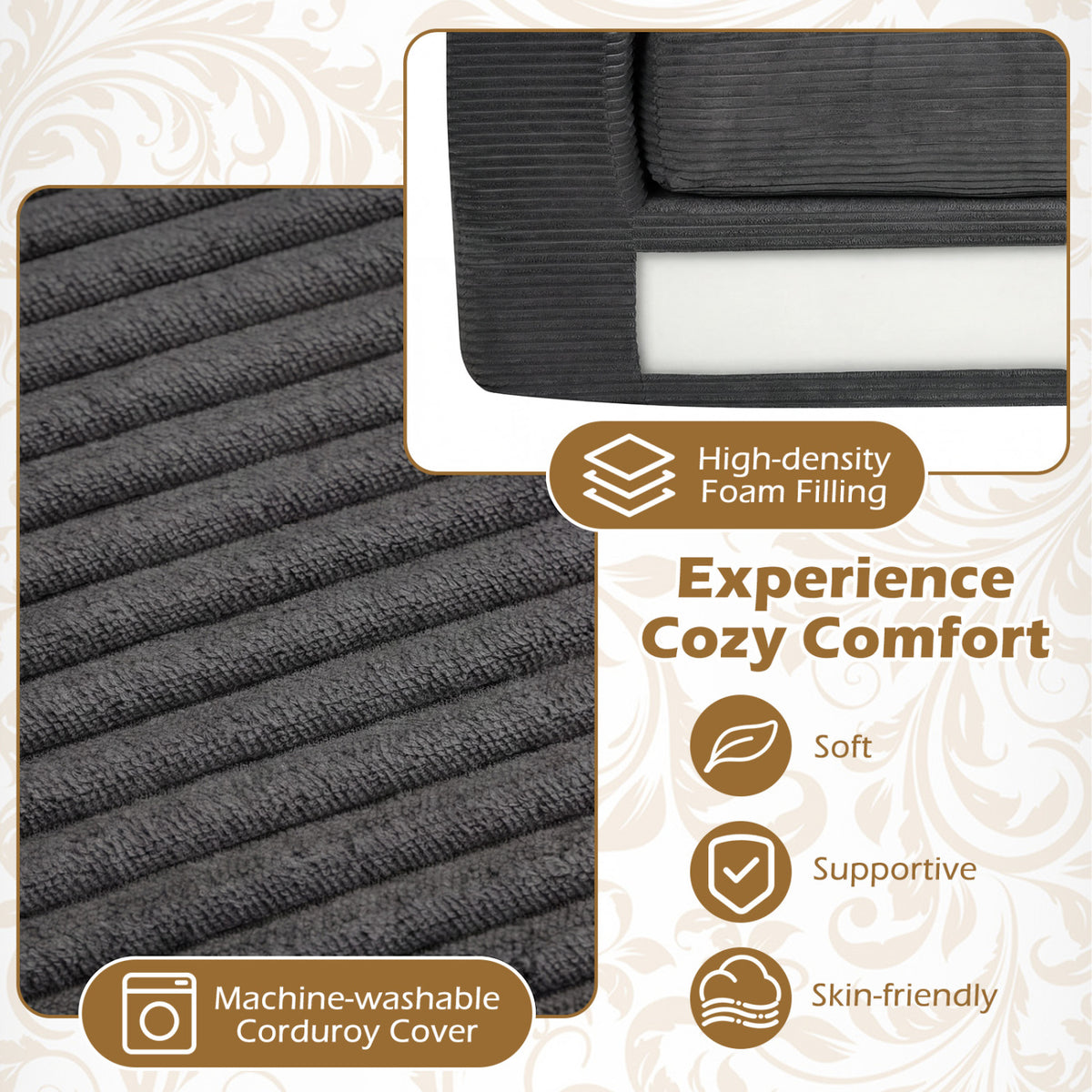 2-Seater Floor Couch Loveseat with Removable Corduroy Cover - Black
