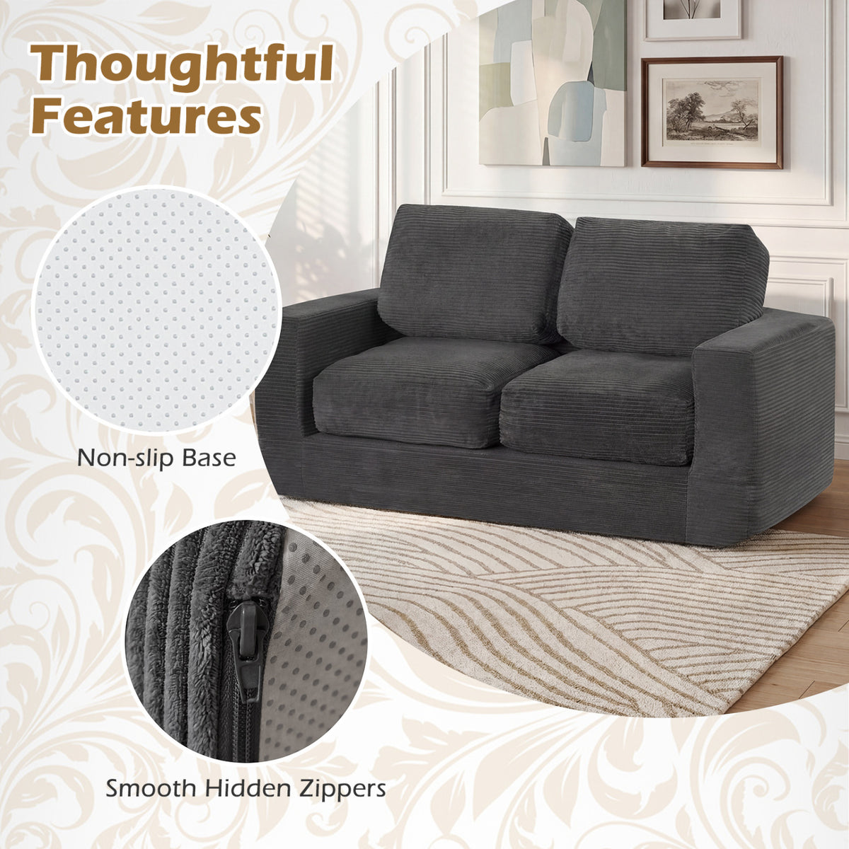 2-Seater Floor Couch Loveseat with Removable Corduroy Cover - Black