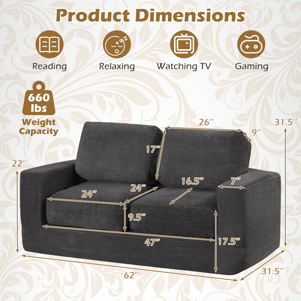 2-Seater Floor Couch Loveseat with Removable Corduroy Cover - Black