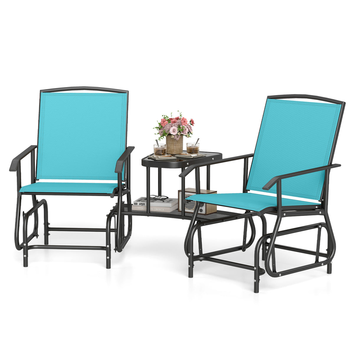 2-Seater Outdoor Glider Bench with 2-Tier Center Table