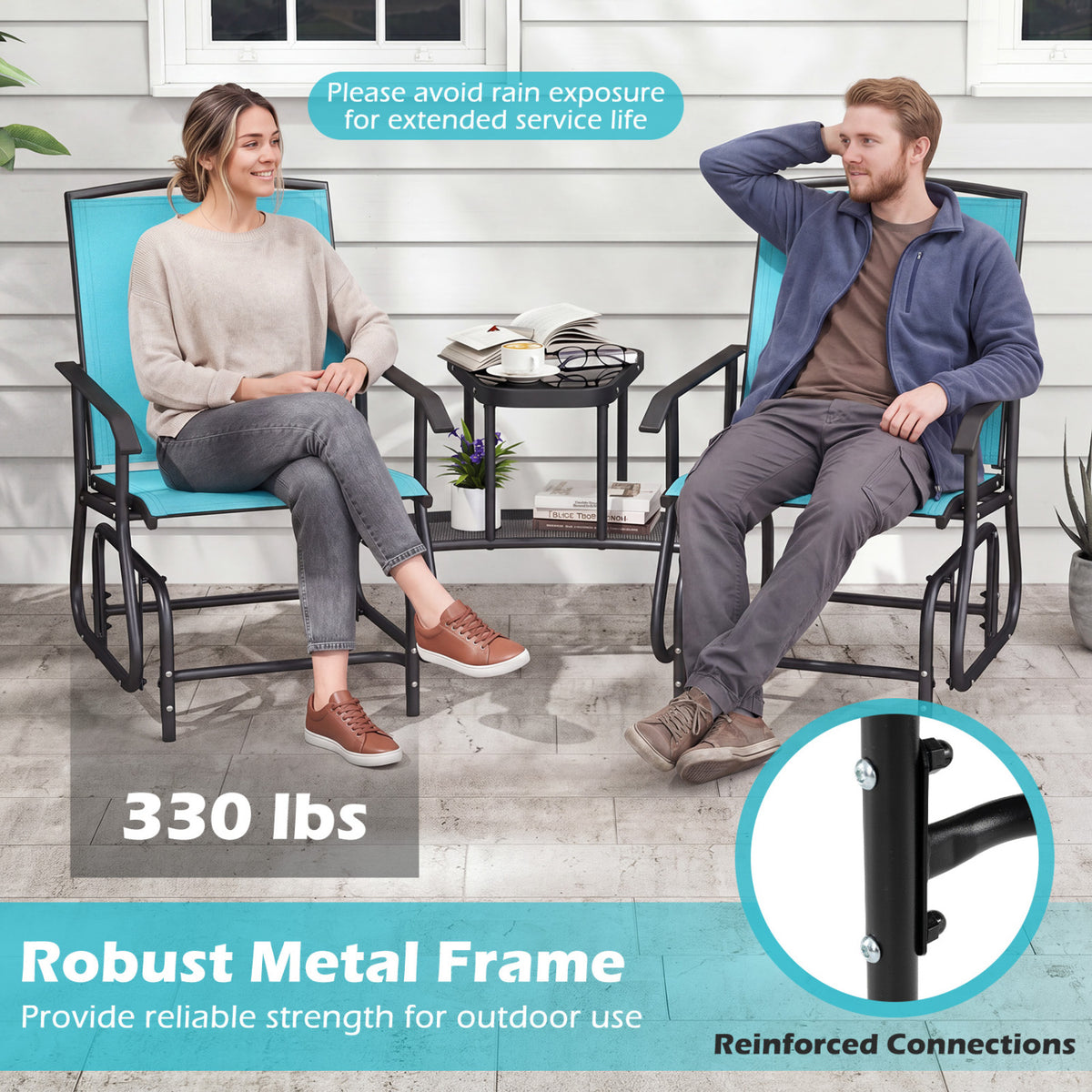 2-Seater Outdoor Glider Bench with 2-Tier Center Table