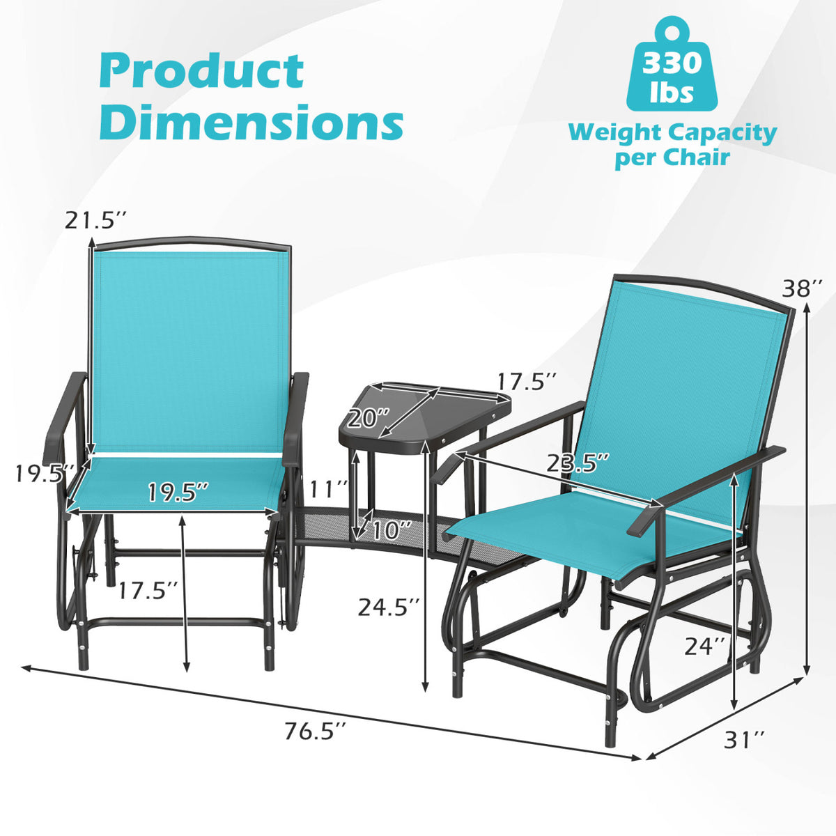 2-Seater Outdoor Glider Bench with 2-Tier Center Table