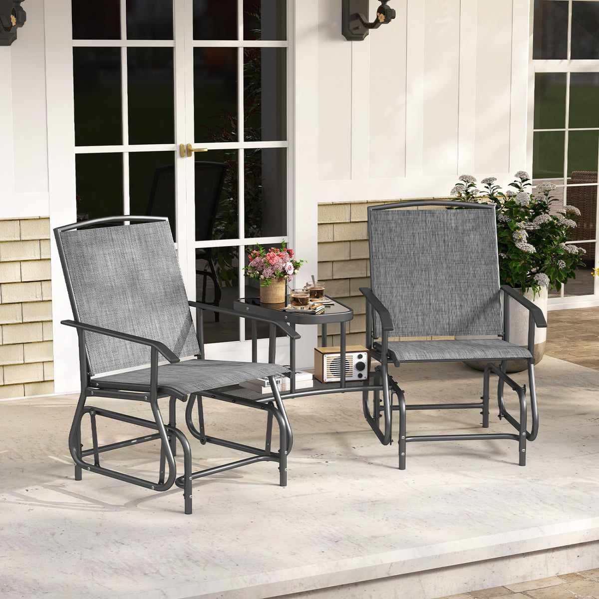 2-Seater Outdoor Glider Bench with 2-Tier Center Table