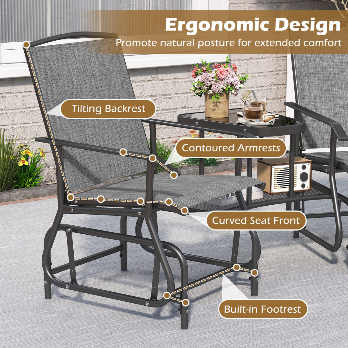 2-Seater Outdoor Glider Bench with 2-Tier Center Table