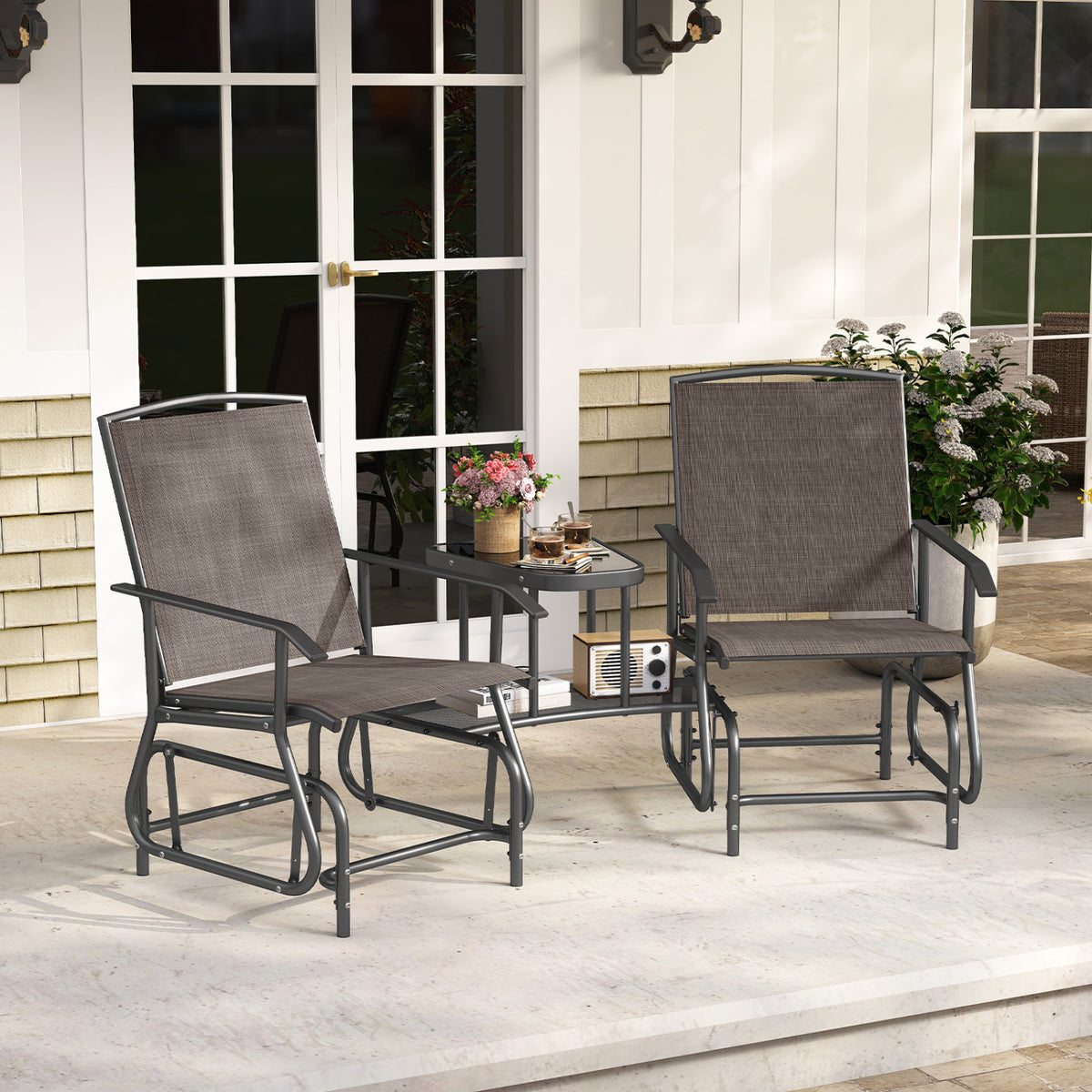 2-Seater Outdoor Glider Bench with 2-Tier Center Table