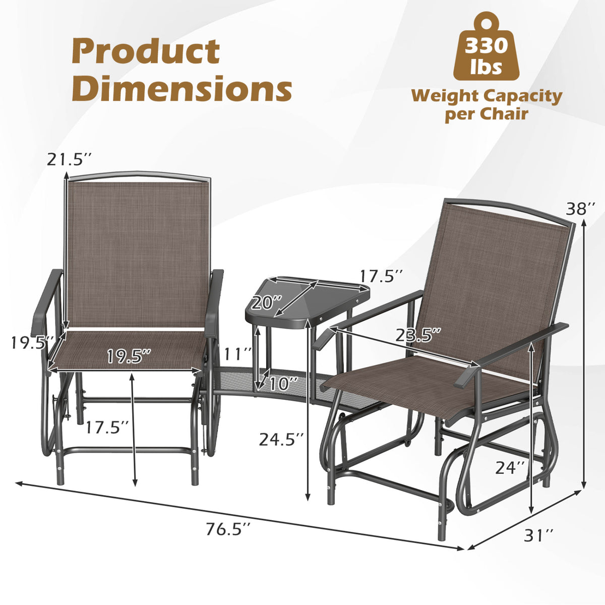 2-Seater Outdoor Glider Bench with 2-Tier Center Table