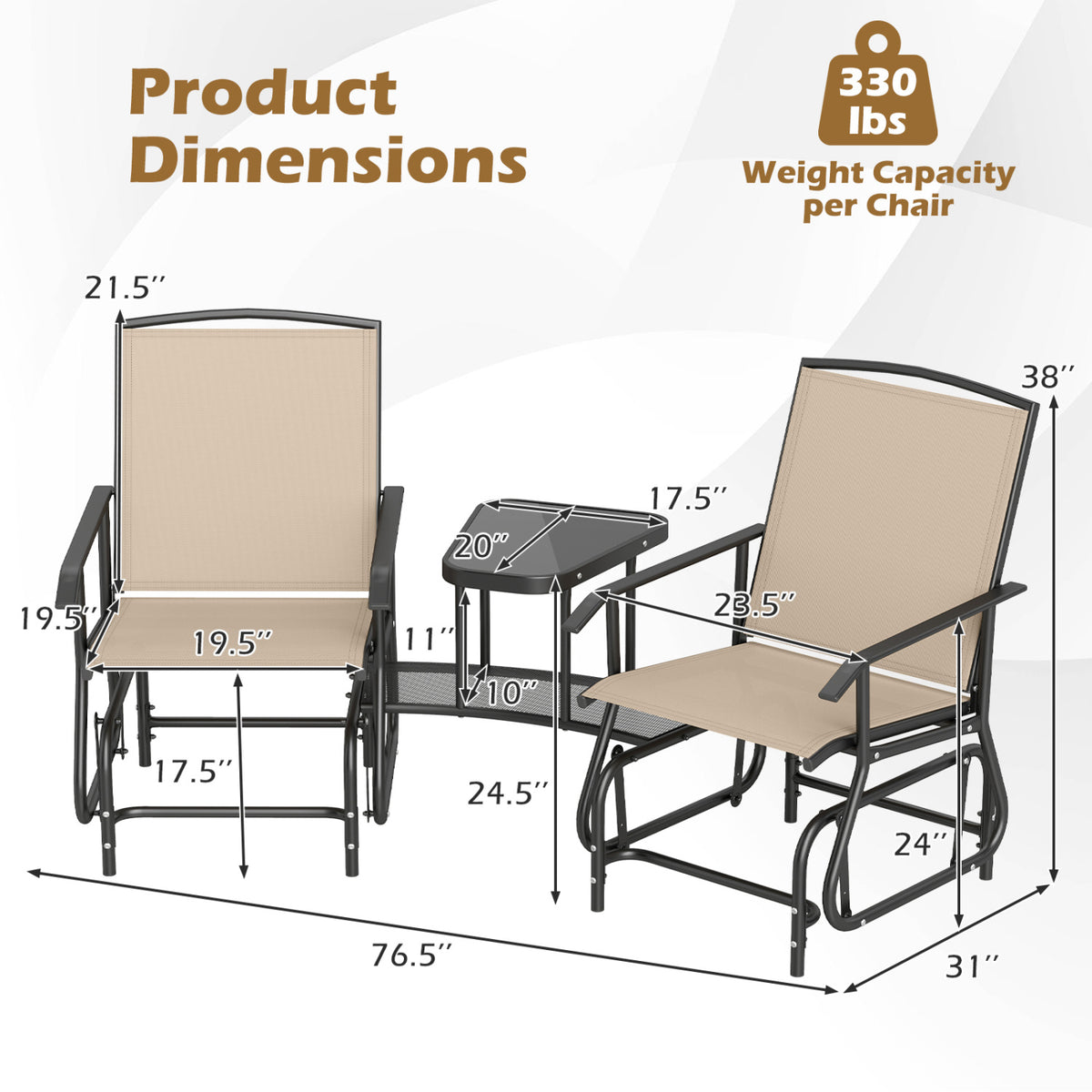2-Seater Outdoor Glider Bench with 2-Tier Center Table