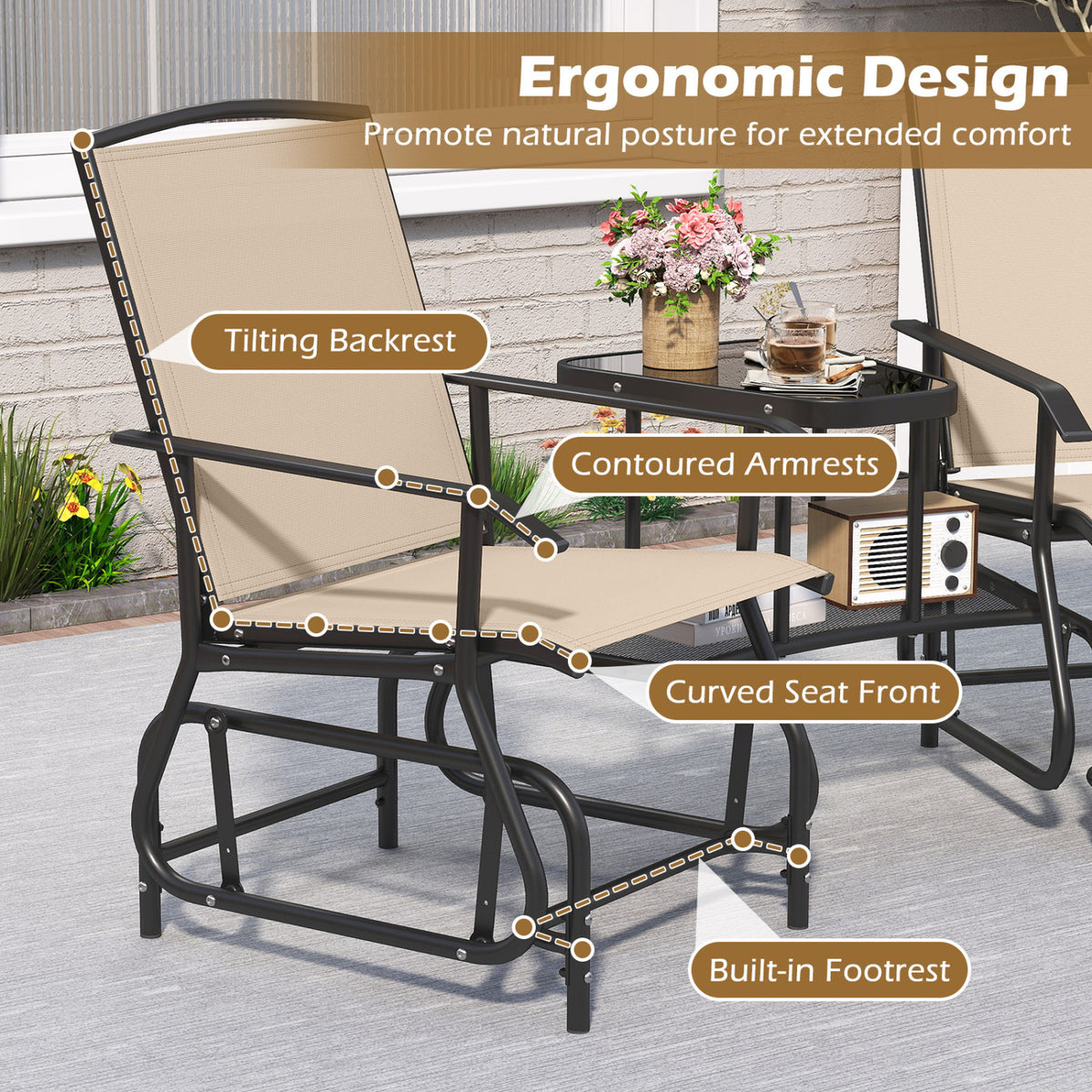 2-Seater Outdoor Glider Bench with 2-Tier Center Table