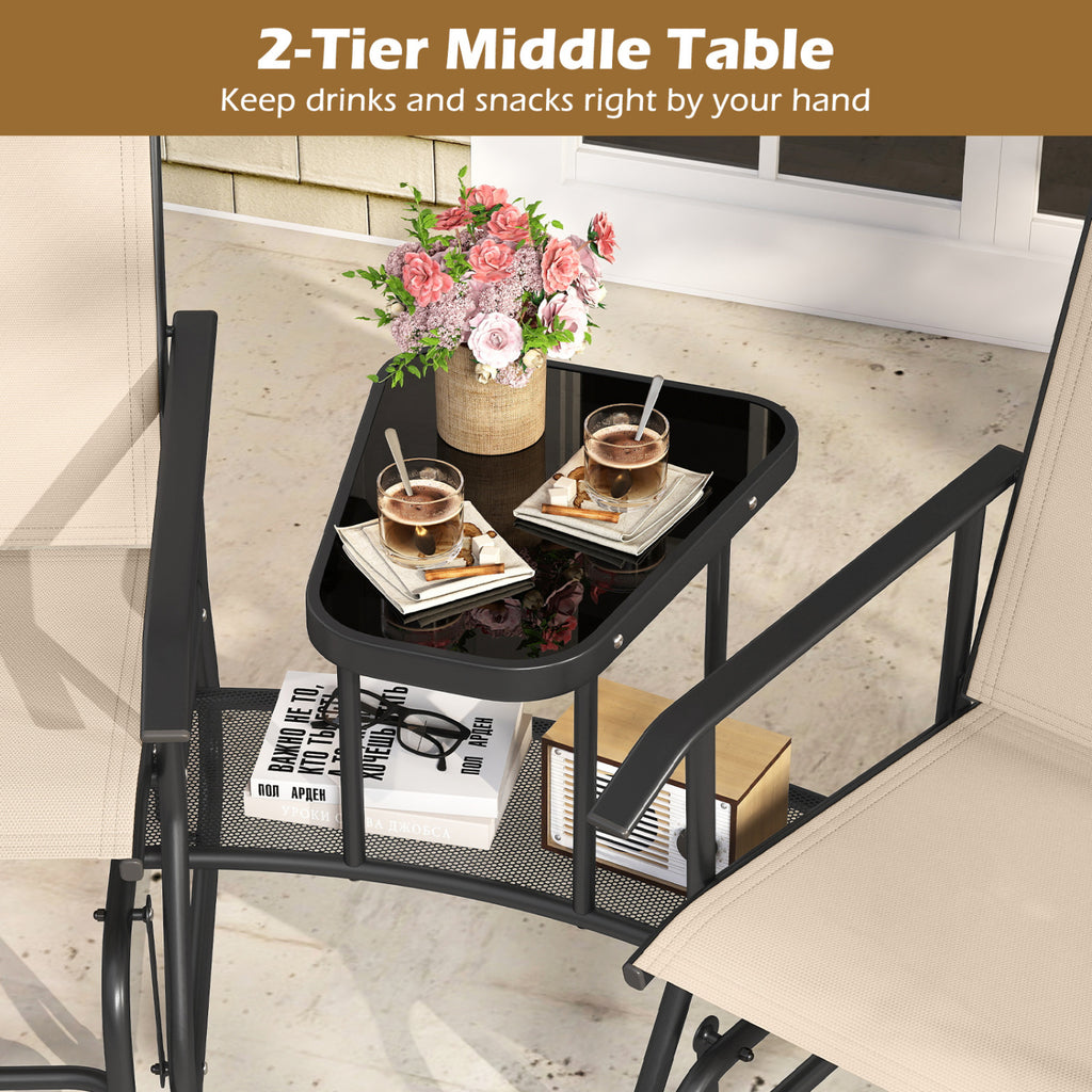 2-Seater Outdoor Glider Bench with 2-Tier Center Table