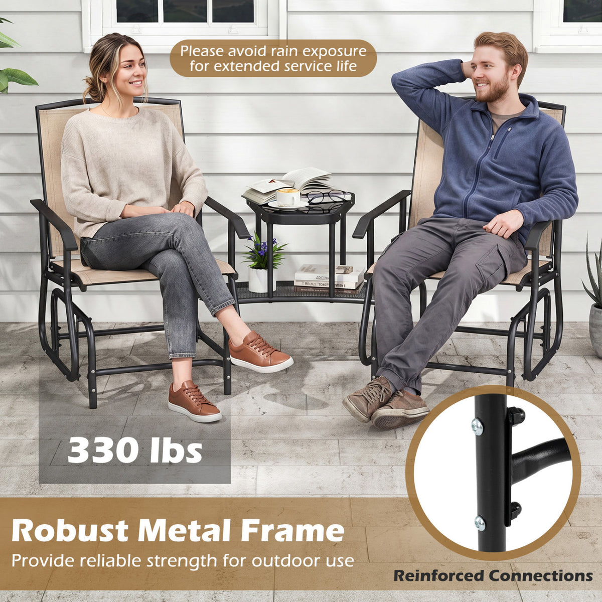 2-Seater Outdoor Glider Bench with 2-Tier Center Table