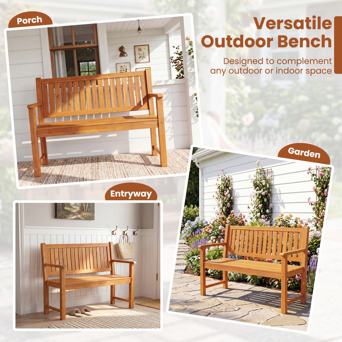 2-Seater Outdoor Wooden Bench with Backrest and Armrests