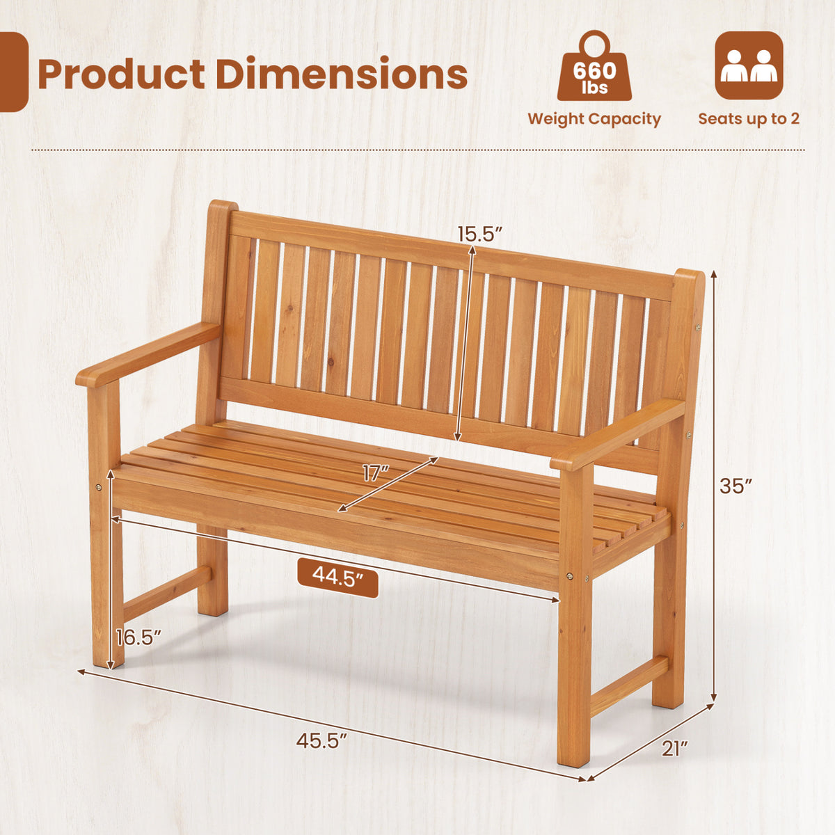 2-Seater Outdoor Wooden Bench with Backrest and Armrests