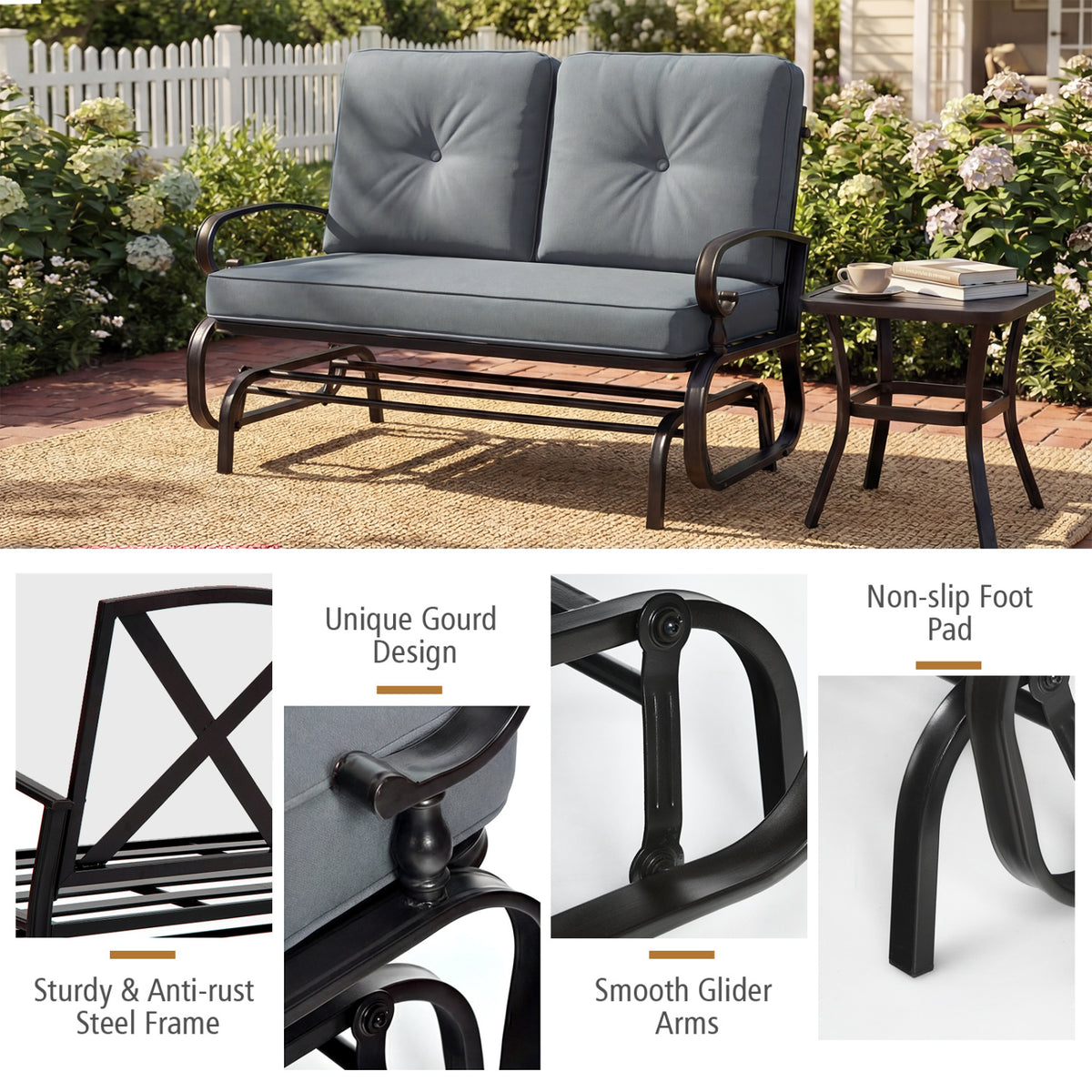 2-Seat Outdoor Glider Bench with Cushions - 44 Inch, Gray