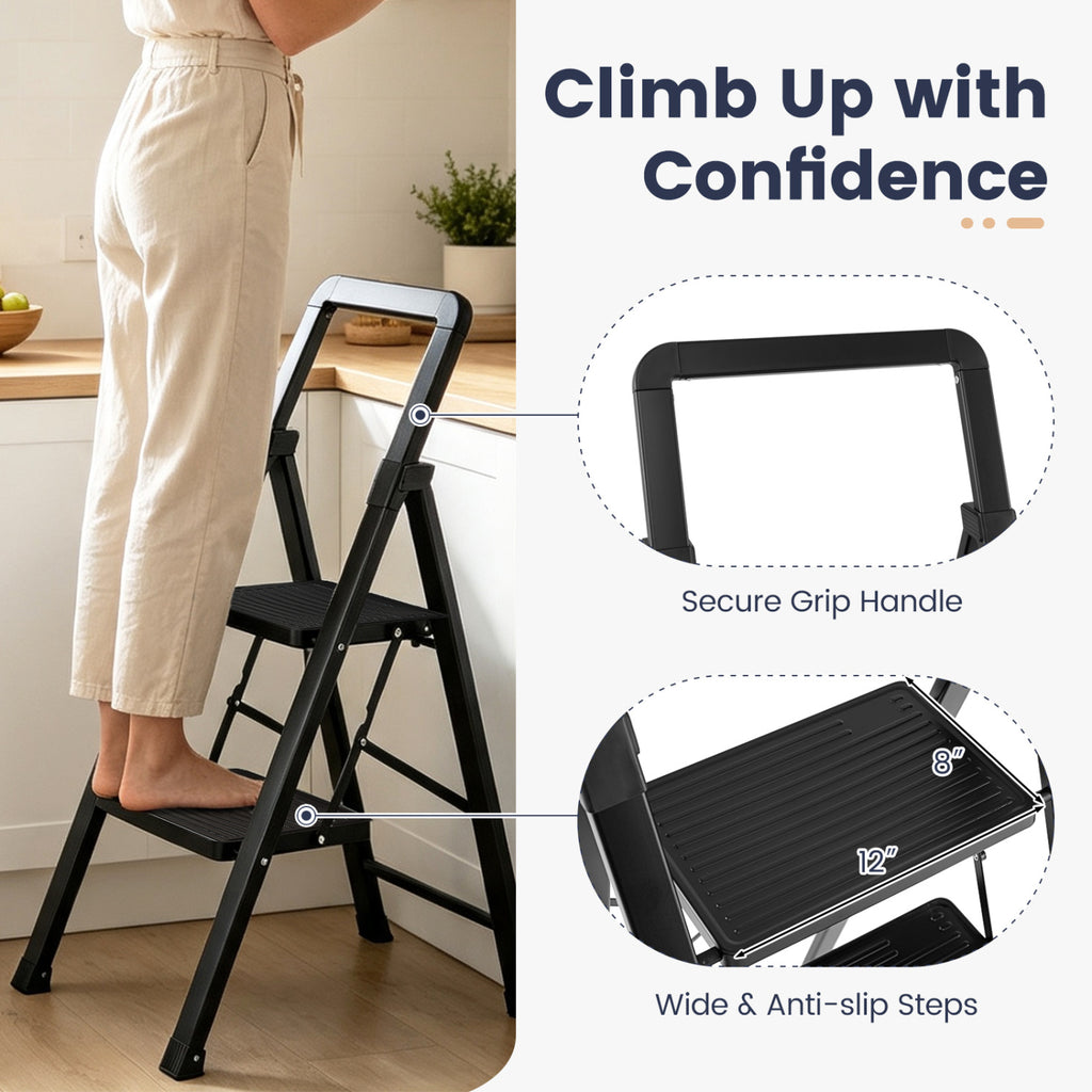 2/3/4/5 Step Black Folding Stool with Wide Anti-slip Pedals