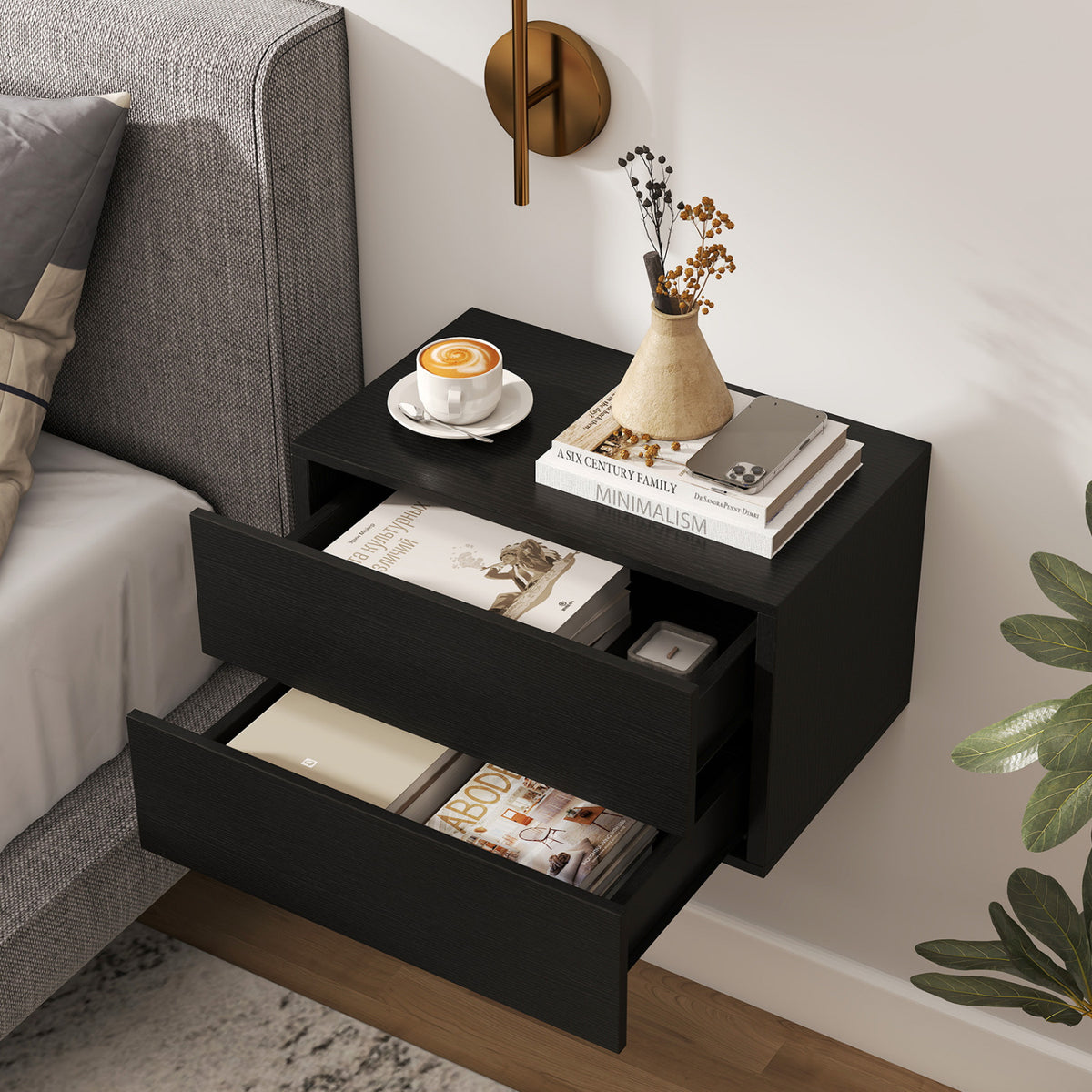 Floating Wall Nightstand with 2 Storage Drawers, Black - Set of 2