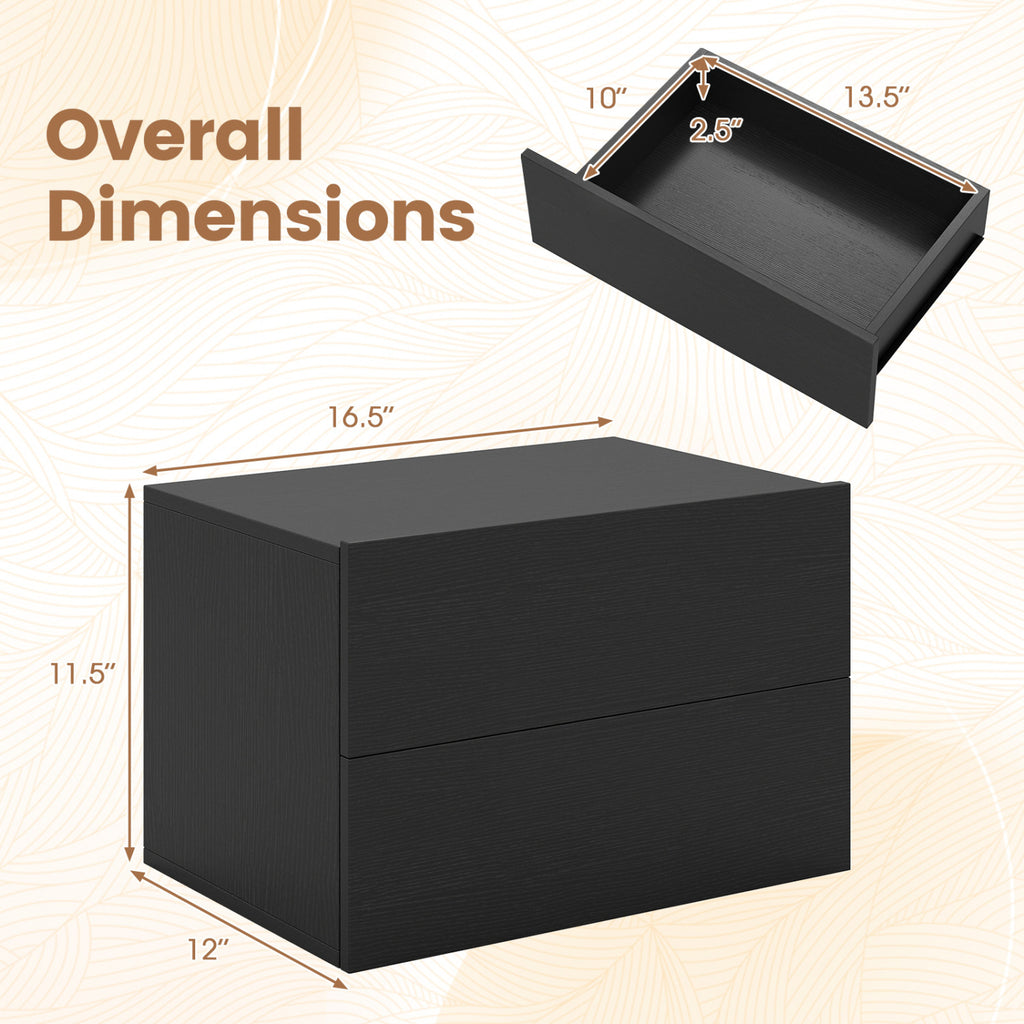 Floating Wall Nightstand with 2 Storage Drawers, Black - Set of 2