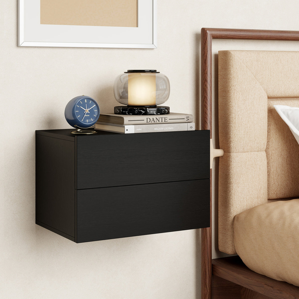 Floating Wall Nightstand with 2 Storage Drawers, Black - Set of 2