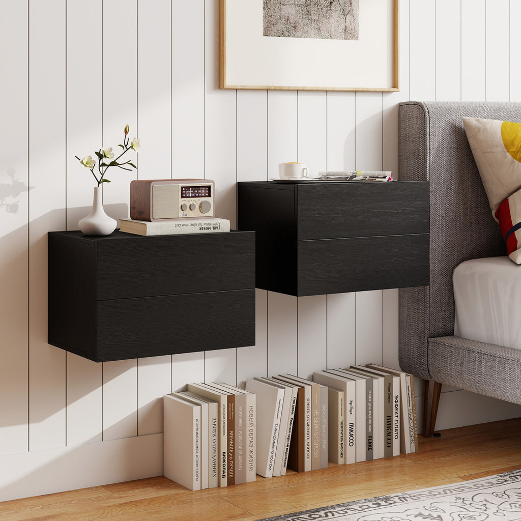 Floating Wall Nightstand with 2 Storage Drawers, Black - Set of 2