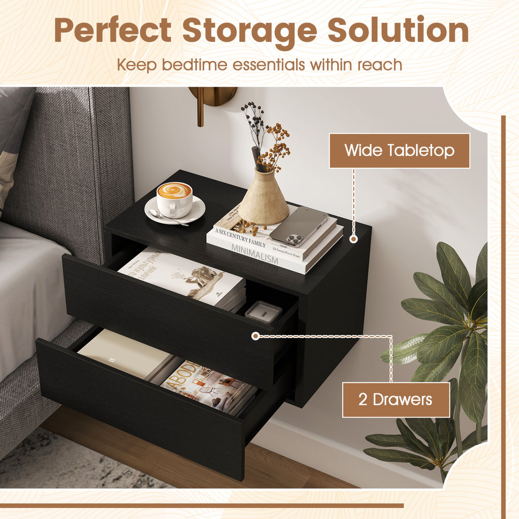 Floating Wall Nightstand with 2 Storage Drawers, Black - Set of 2