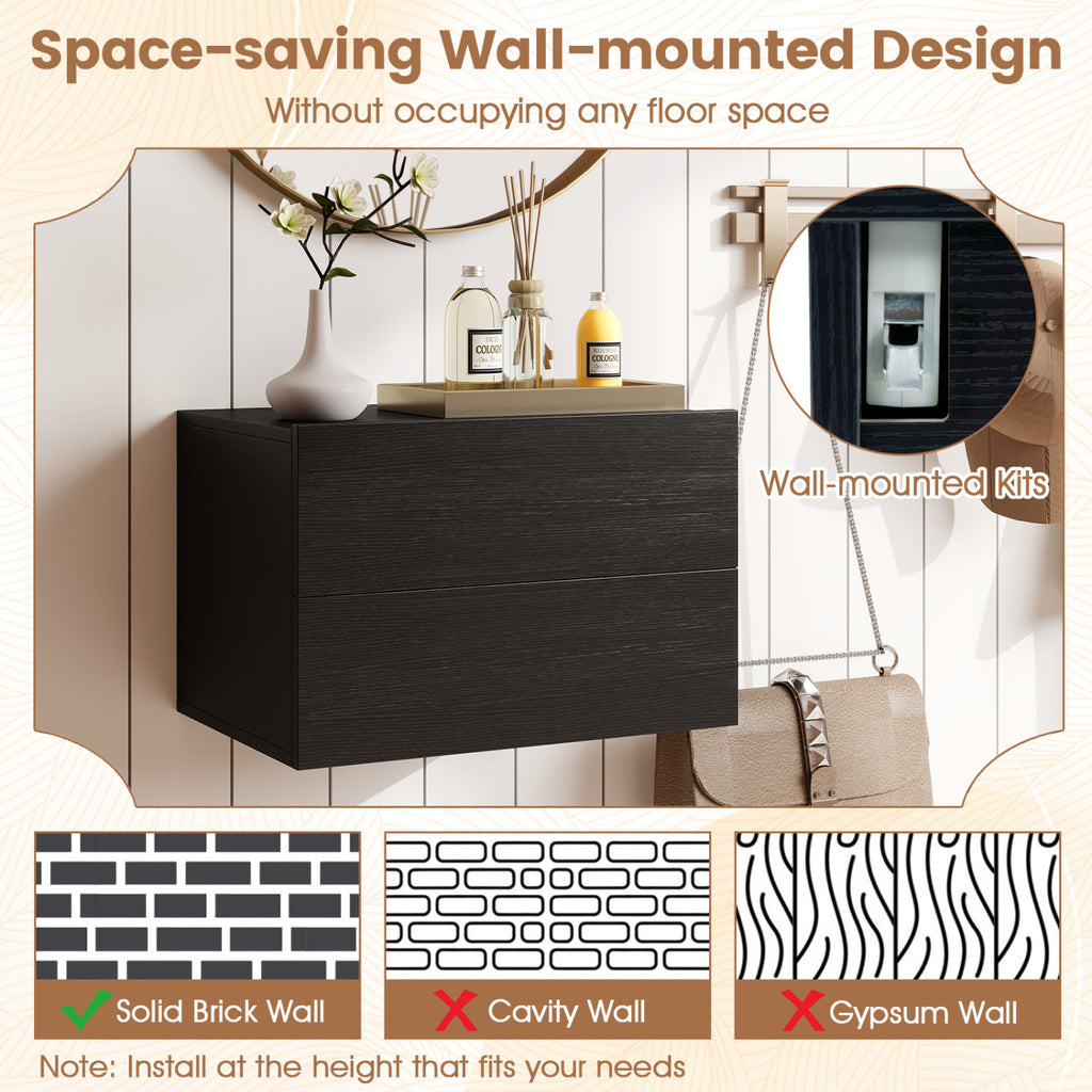 Floating Wall Nightstand with 2 Storage Drawers, Black - Set of 2