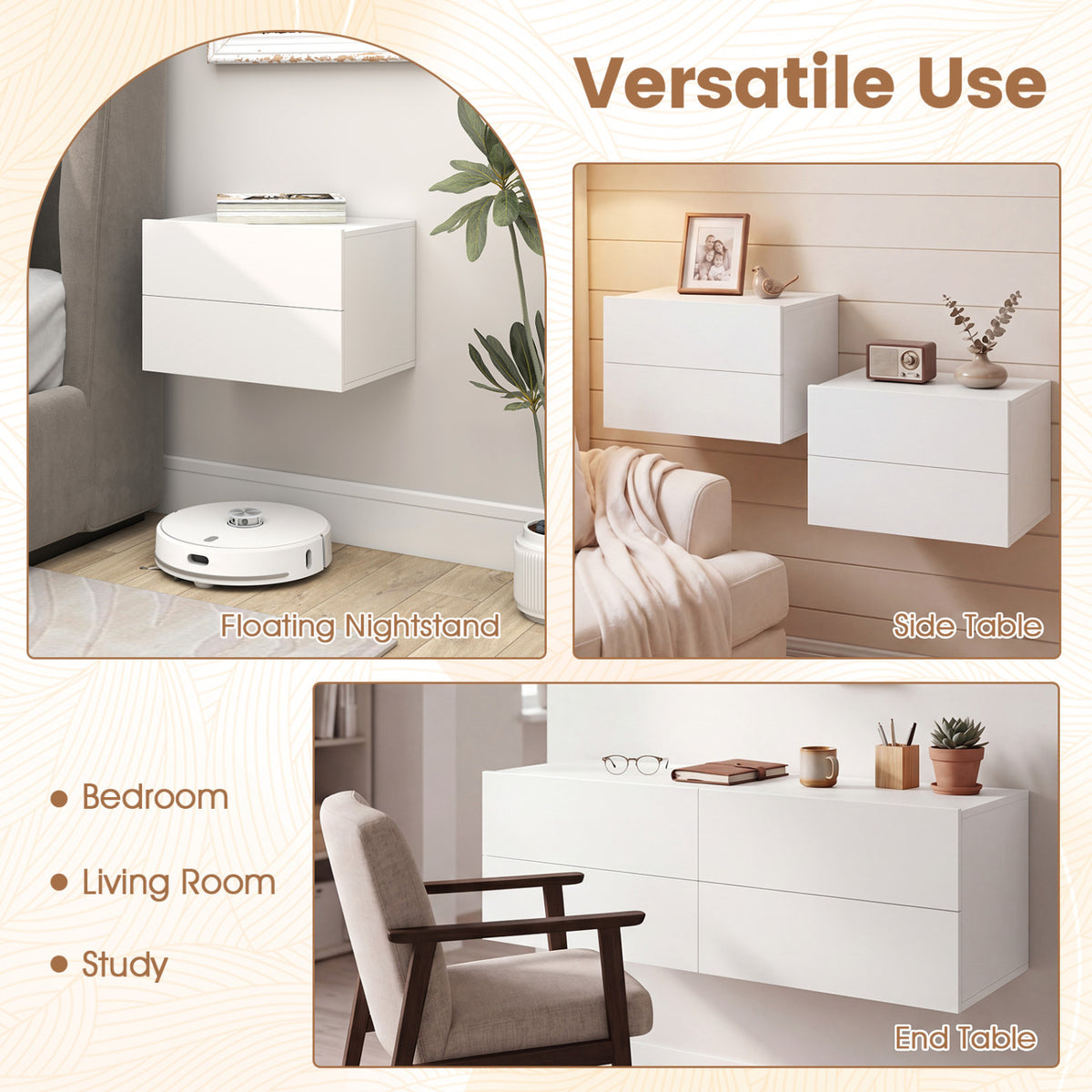 Floating Nightstand with 2 Storage Drawers, White