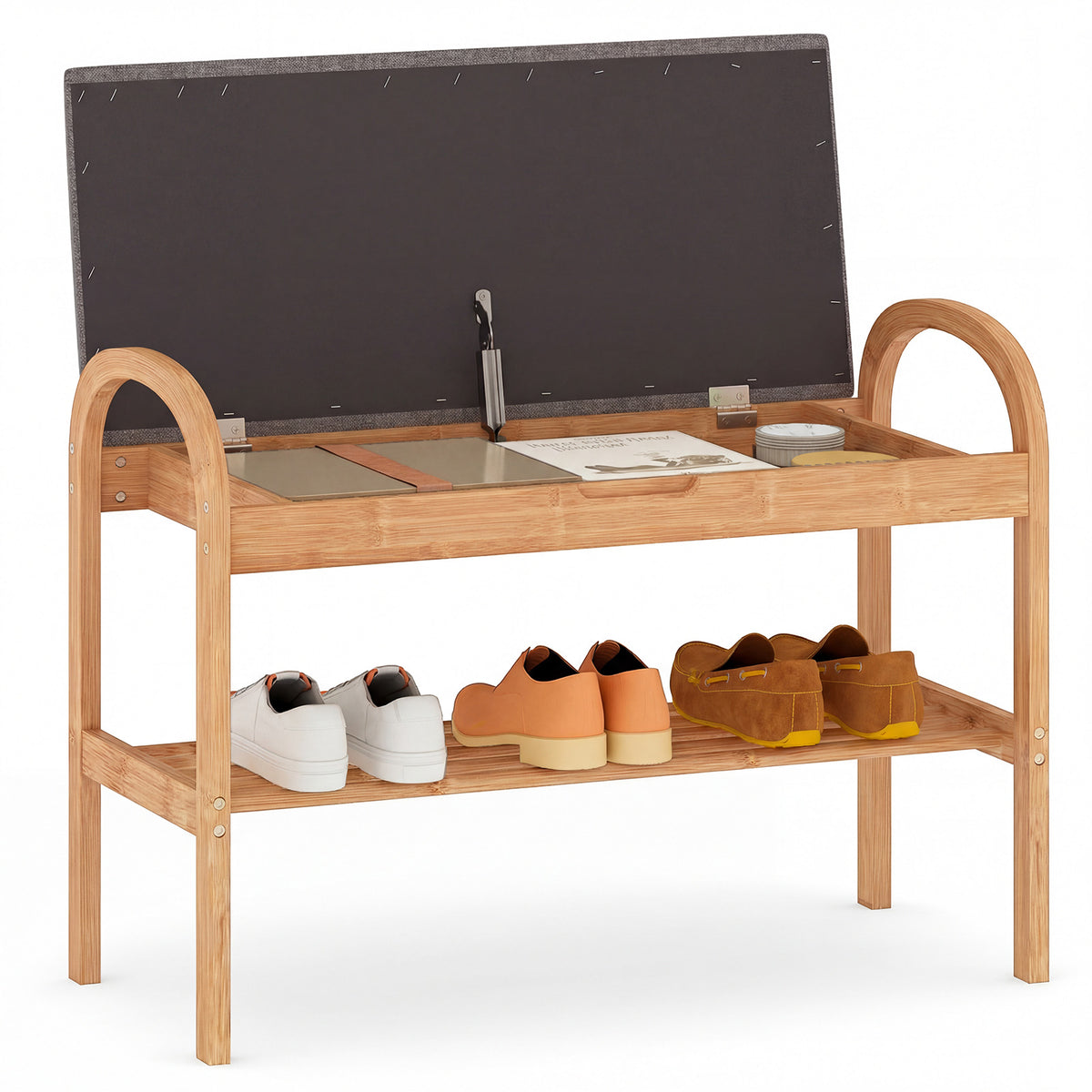 2-Tier Bamboo Shoe Bench with Storage and Padded Cushion