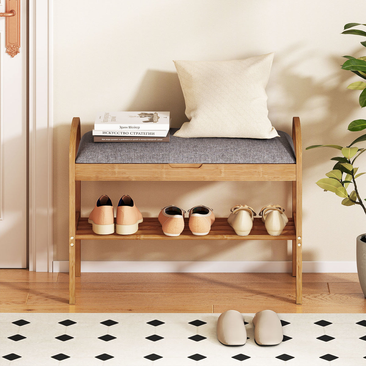 2-Tier Bamboo Shoe Bench with Storage and Padded Cushion