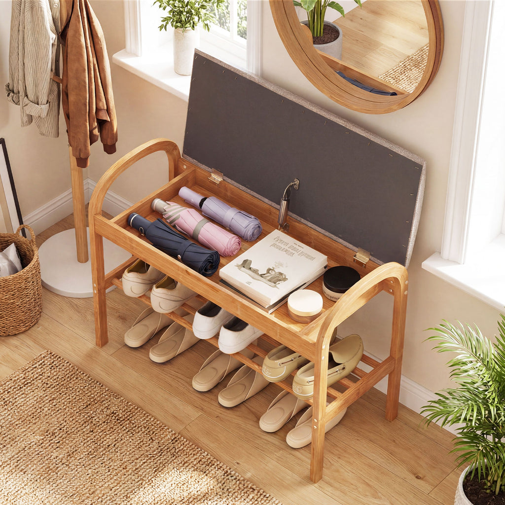 2-Tier Bamboo Shoe Bench with Storage and Padded Cushion