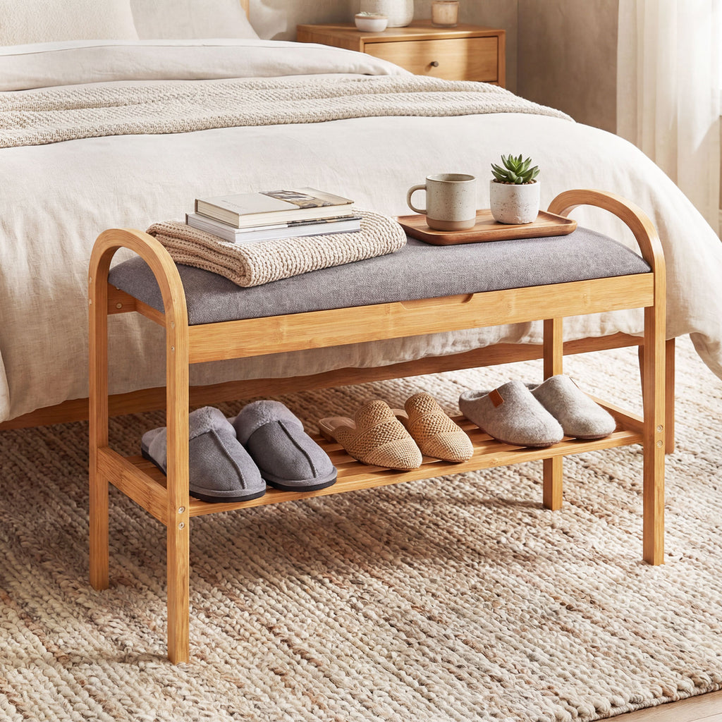 2-Tier Bamboo Shoe Bench with Storage and Padded Cushion